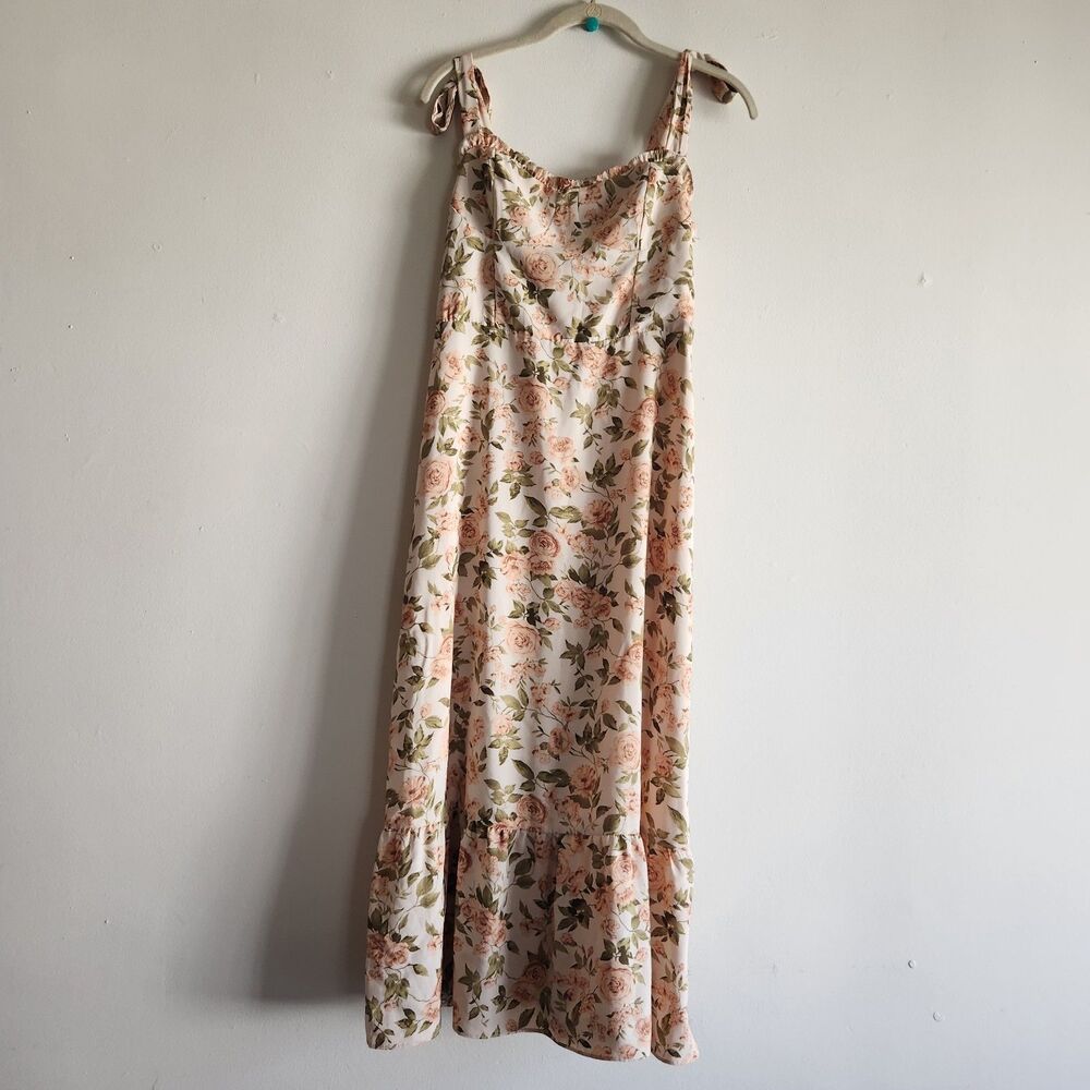 O.P.T Floral Print Tie Shoulder Tiered Maxi Dress Sz M Smocked boho cottagecore